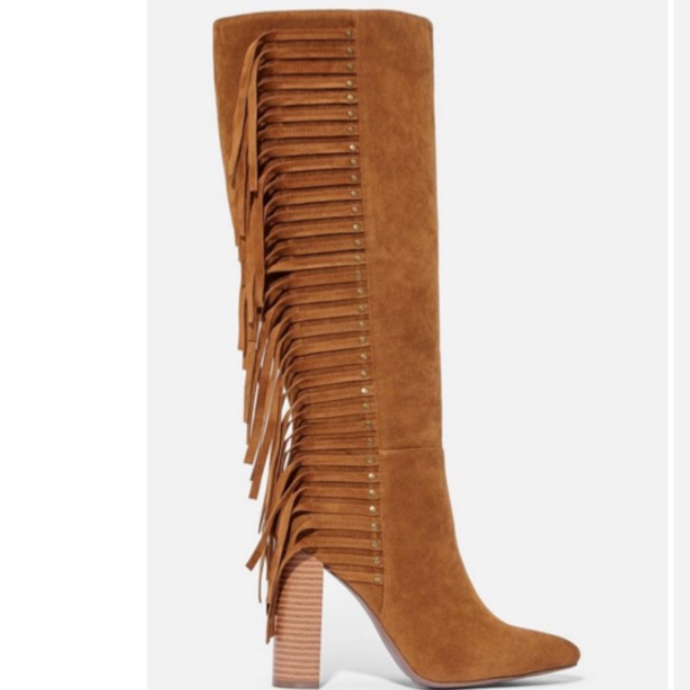 Tan faux suede slide fringe heeled boot 8 & 8.5